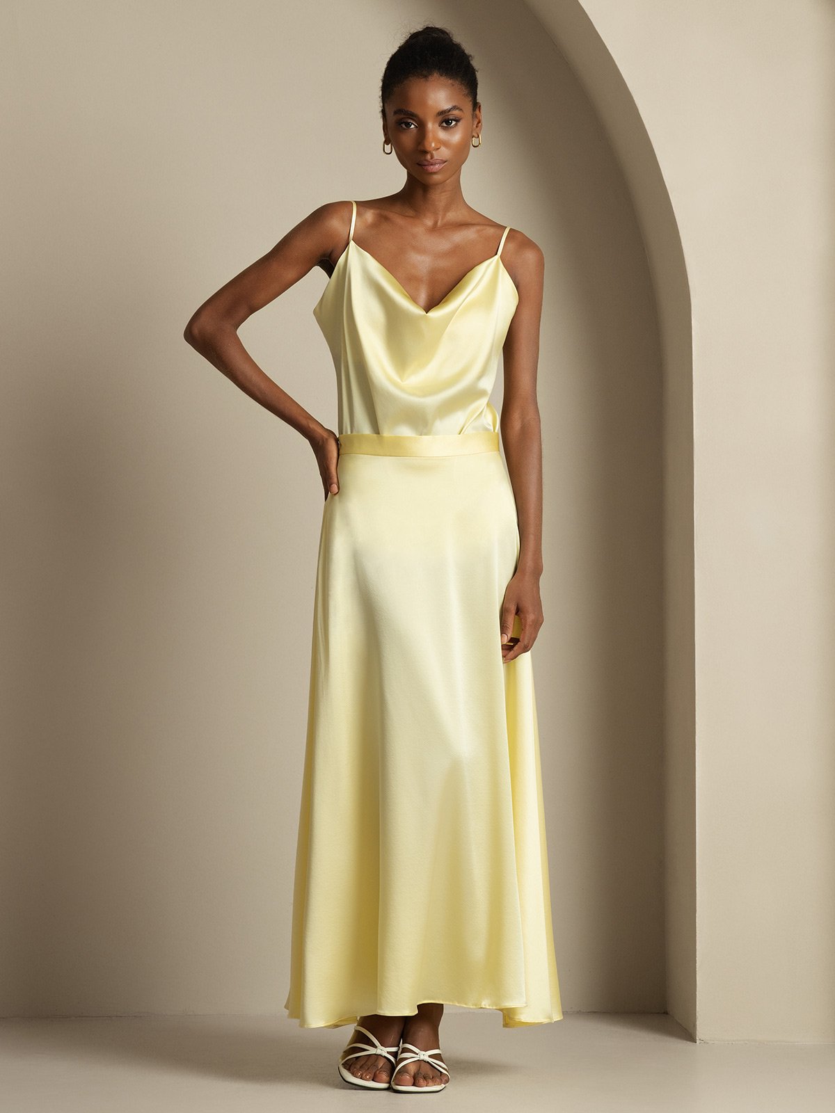 19Momme Silk Cowl Neck Spaghetti Strap Camisole Top & A Line Maxi Skirt