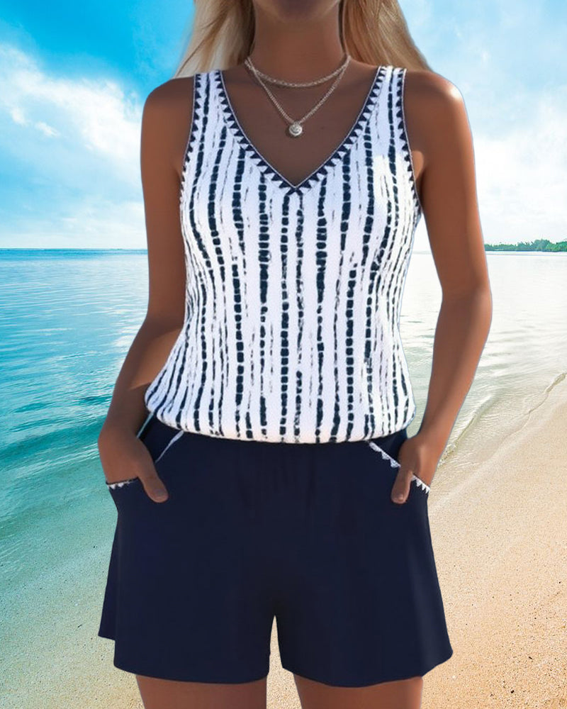 Casual Two Piece Printed V-Neck Swimsuit with Pockets