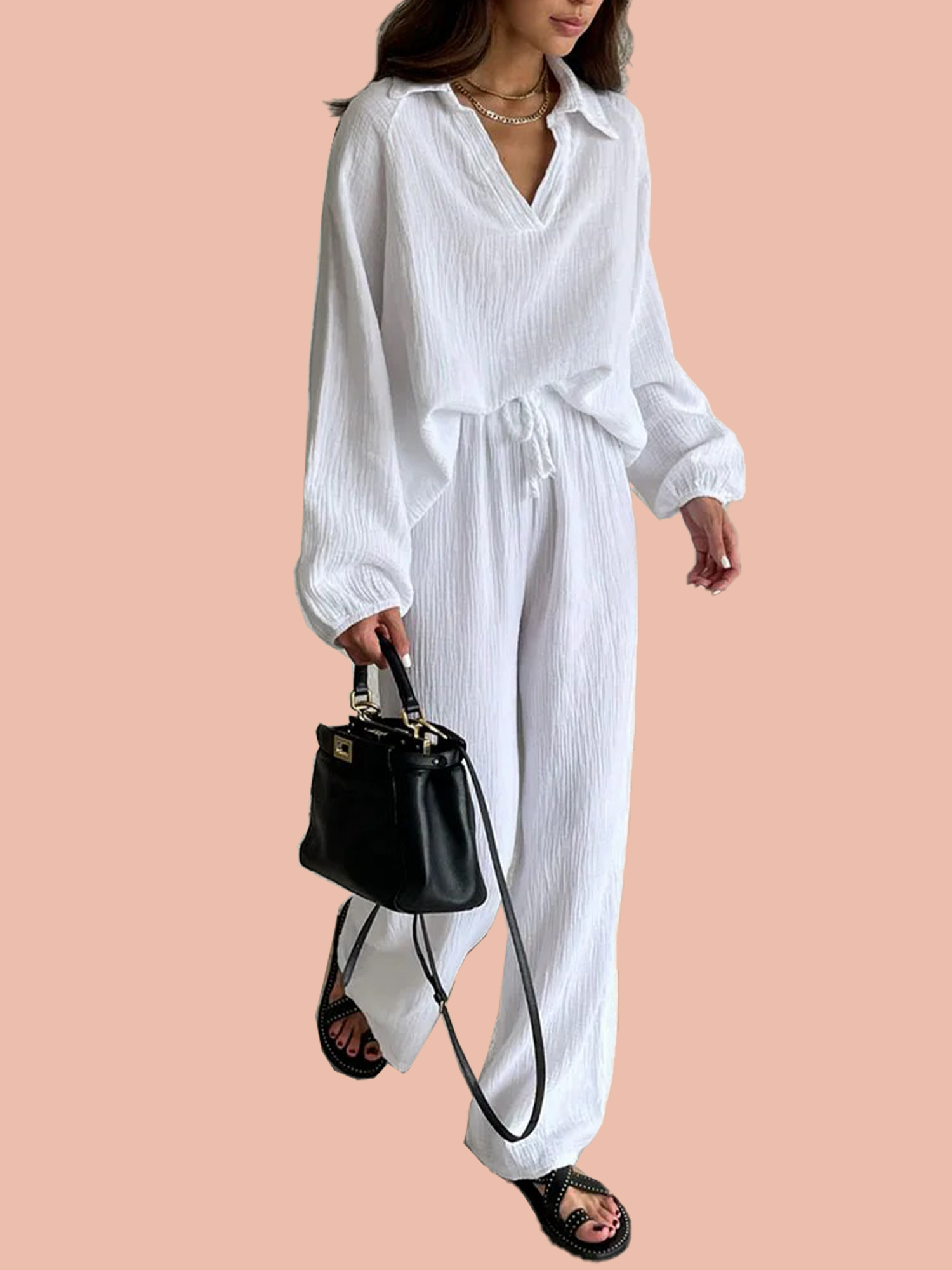 Simple V-Neck Casual Two-piece Set