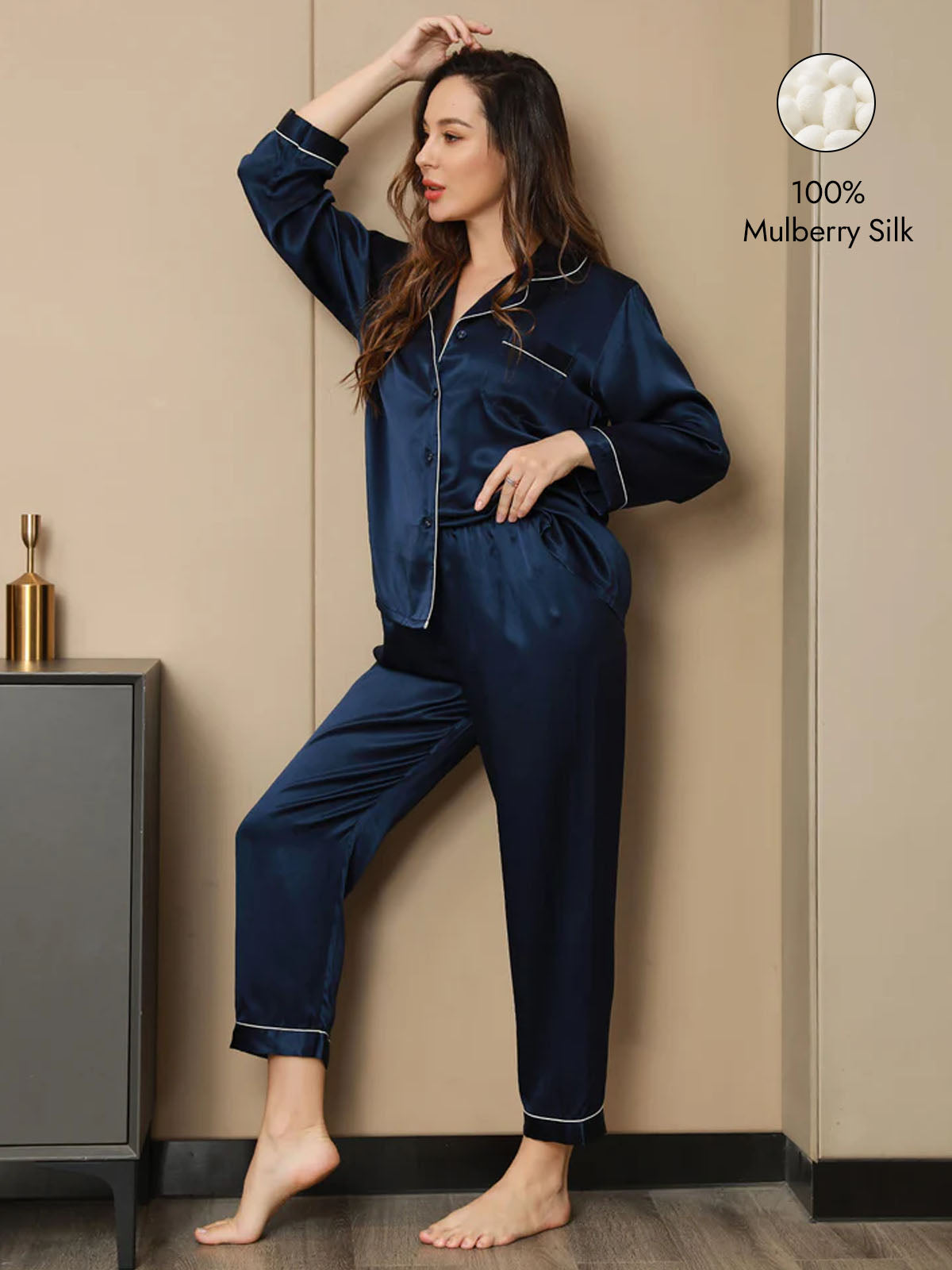 Women's Pure Silk Long Sleeve Notch Collar Pajamas Set