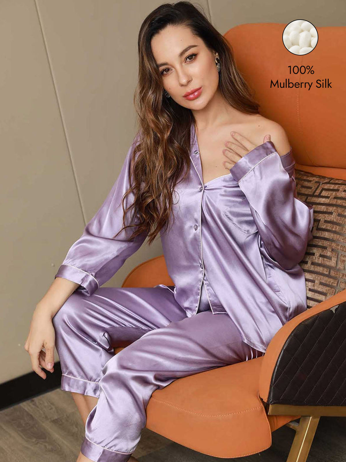 Women's Pure Silk Long Sleeve Notch Collar Pajamas Set