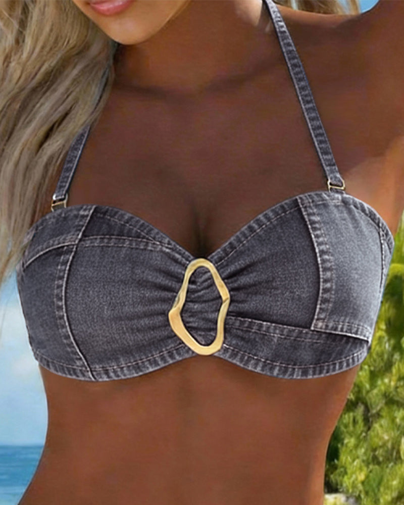 Metal Buckle Two Piece Garter Belt Bikini