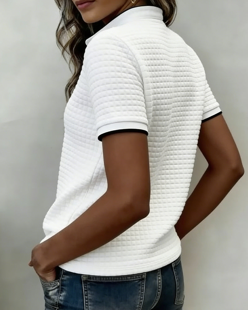 Buttoned Ribbed Jersey Top Short Sleeves