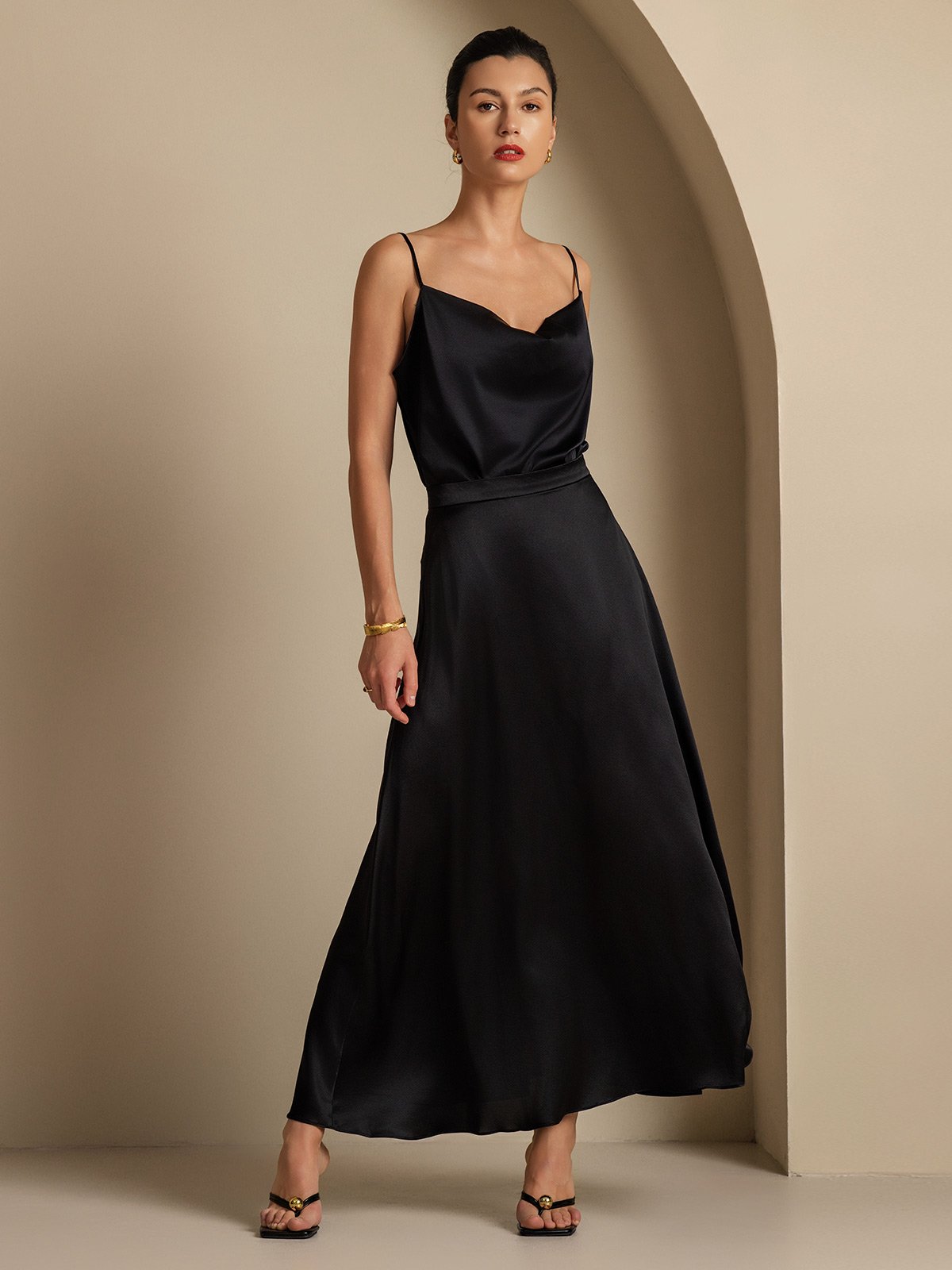 19Momme Silk Cowl Neck Spaghetti Strap Camisole Top & A Line Maxi Skirt