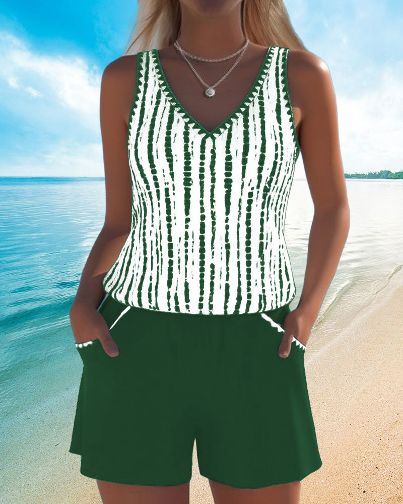 Casual Two Piece Printed V-Neck Swimsuit with Pockets