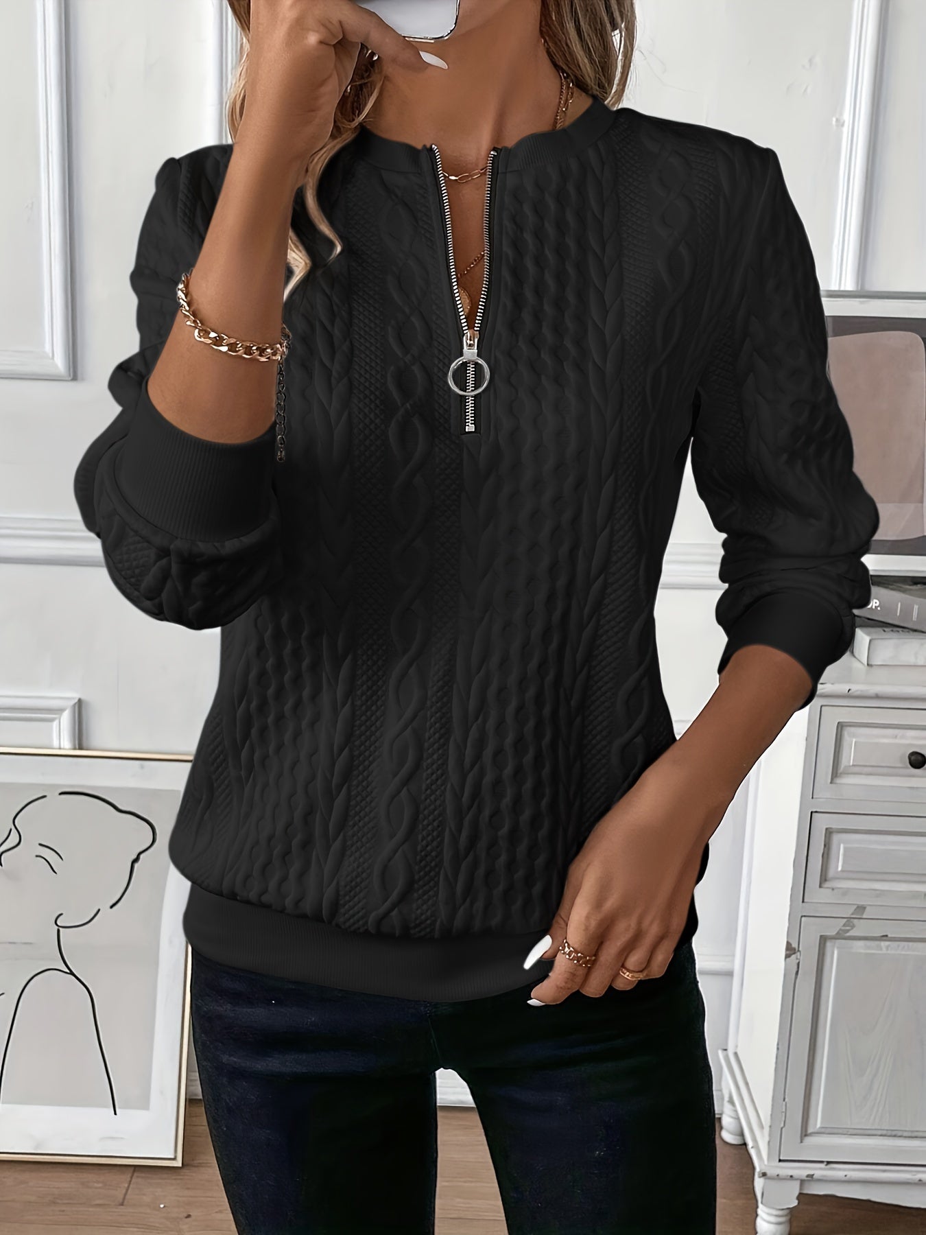 Amalie | Women's Zip Neck Cable Knit Sweater