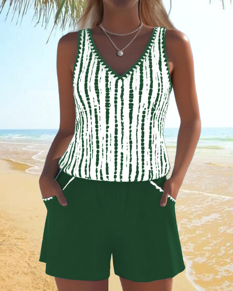 Casual Two Piece Printed V-Neck Swimsuit with Pockets