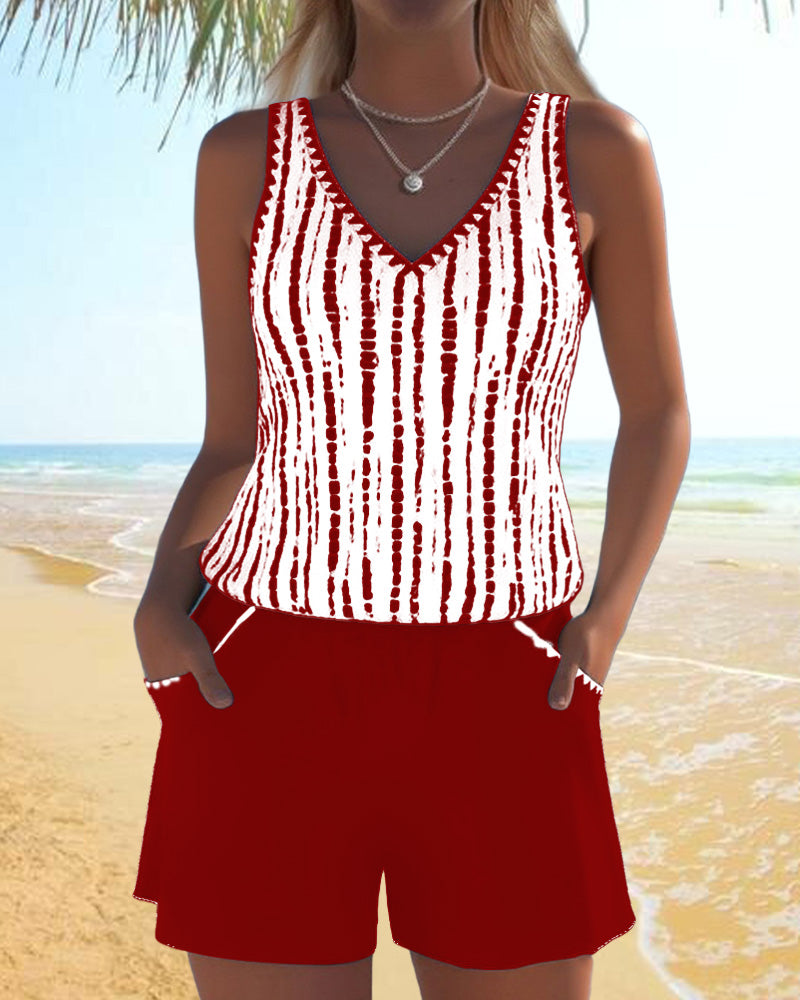 Casual Two Piece Printed V-Neck Swimsuit with Pockets