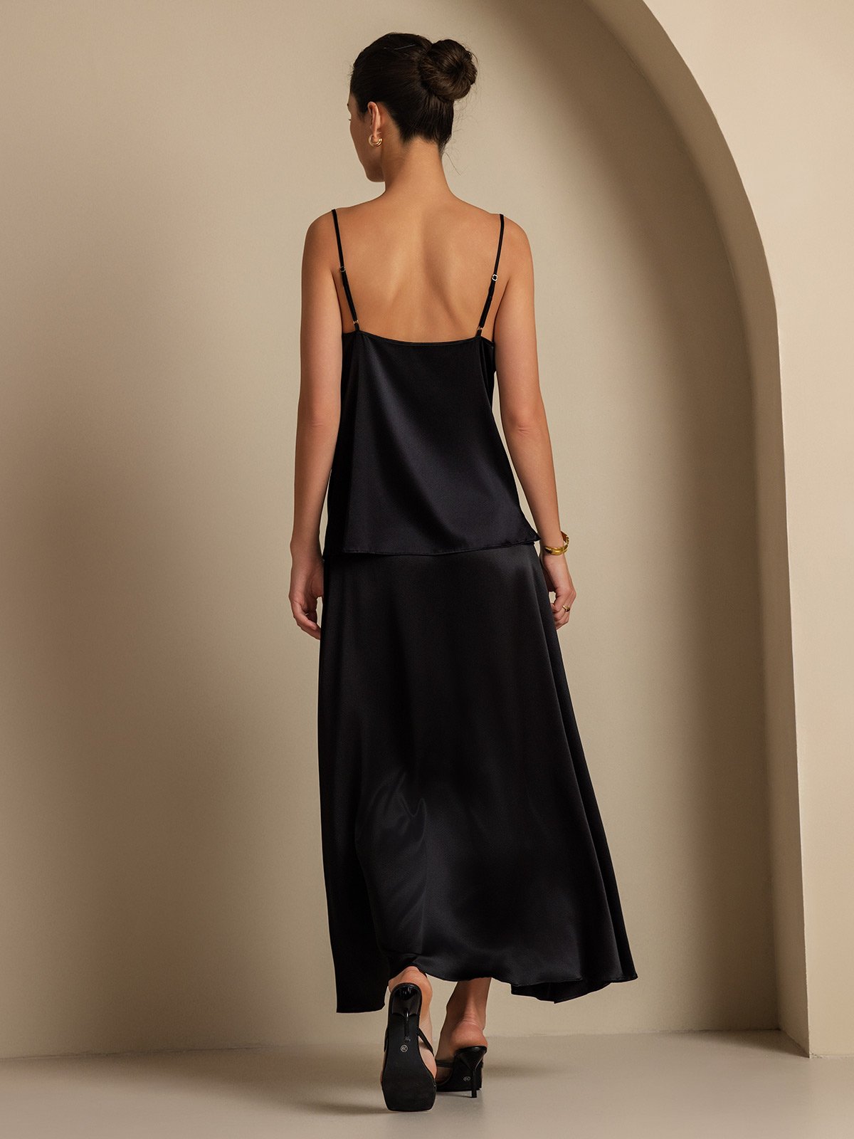 19Momme Silk Cowl Neck Spaghetti Strap Camisole Top & A Line Maxi Skirt