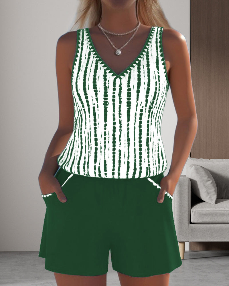 Casual Two Piece Printed V-Neck Swimsuit with Pockets
