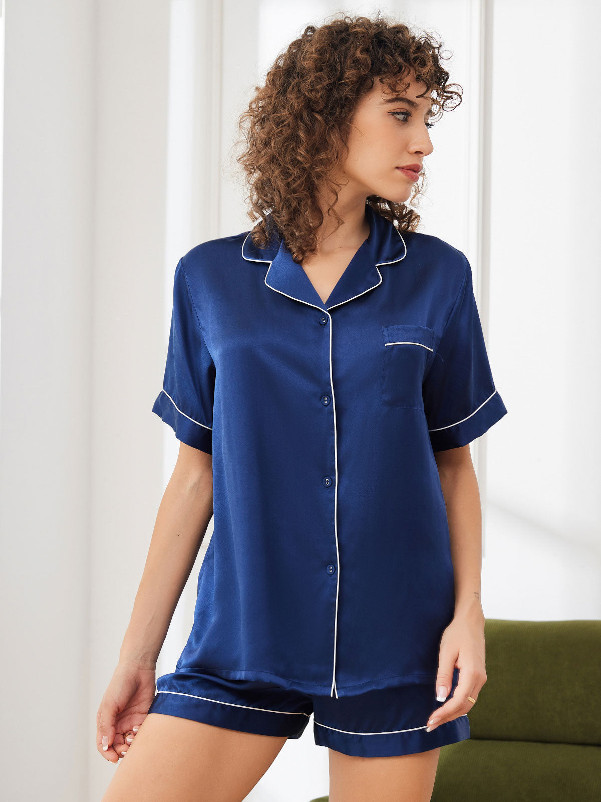 Pure Silk Short Sleeve Button Up Women's Pajamas Set