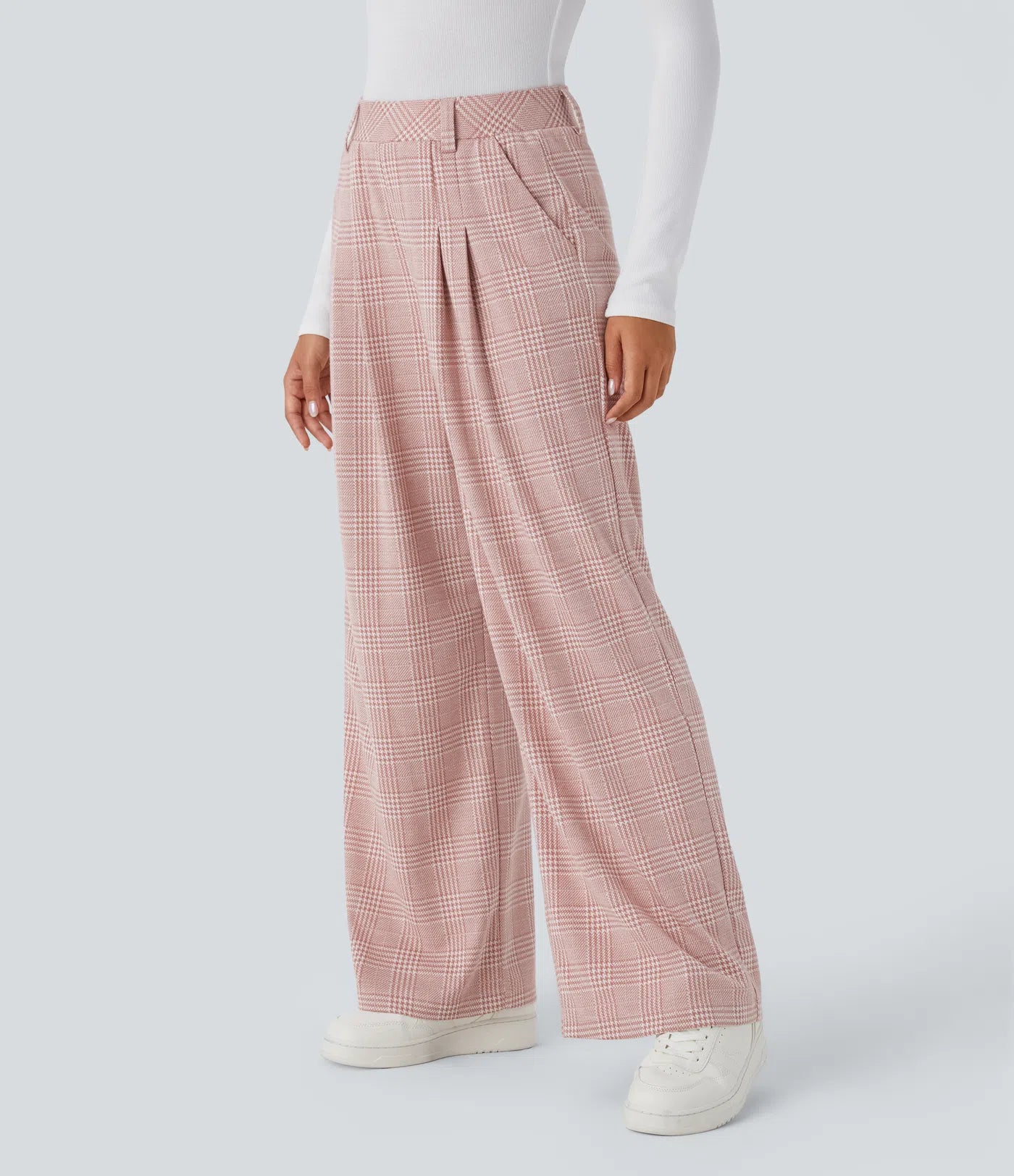 High Waisted Pocket Wide Leg Houndstooth Plaid Casual Pants