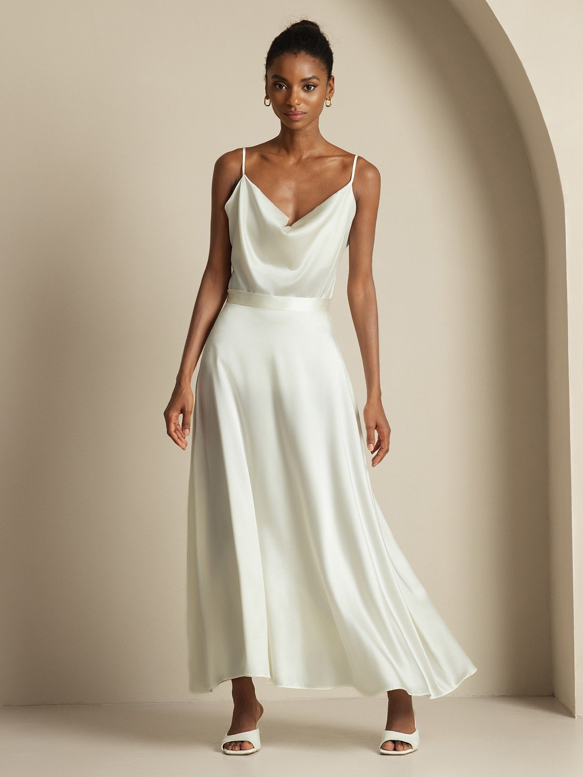 19Momme Silk Cowl Neck Spaghetti Strap Camisole Top & A Line Maxi Skirt