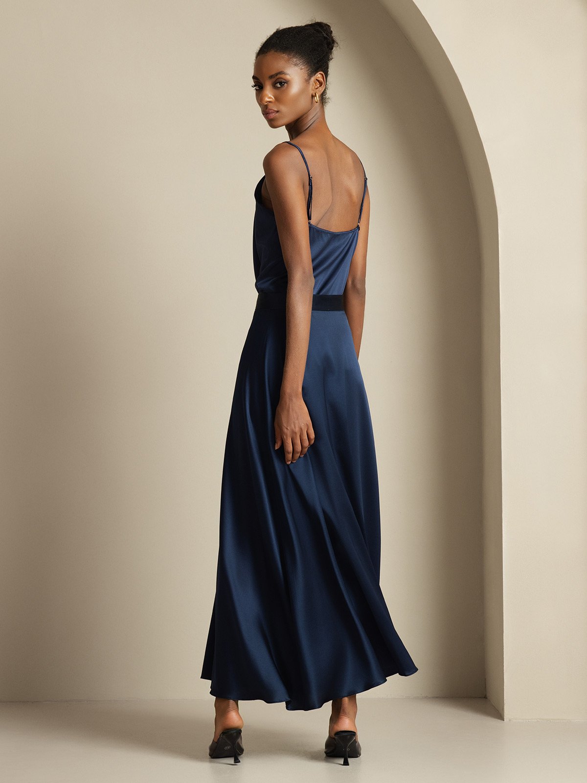 19Momme Silk Cowl Neck Spaghetti Strap Camisole Top & A Line Maxi Skirt
