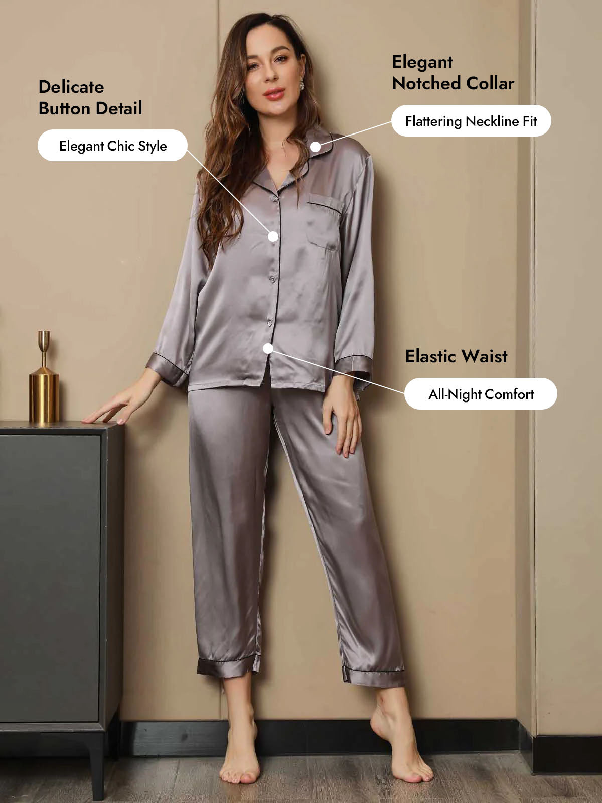 Women's Pure Silk Long Sleeve Notch Collar Pajamas Set