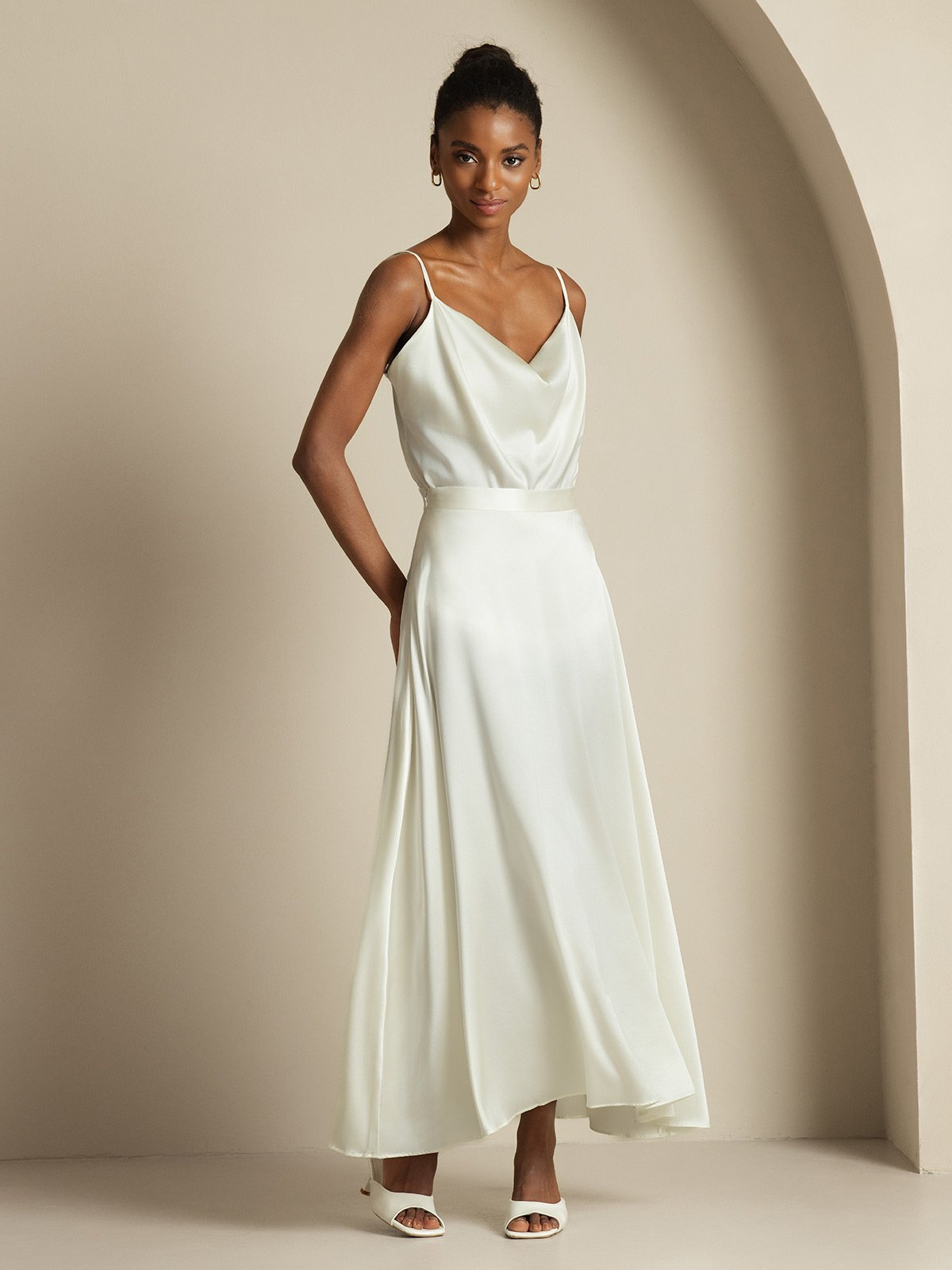 19Momme Silk Cowl Neck Spaghetti Strap Camisole Top & A Line Maxi Skirt