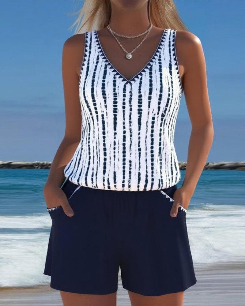 Casual Two Piece Printed V-Neck Swimsuit with Pockets