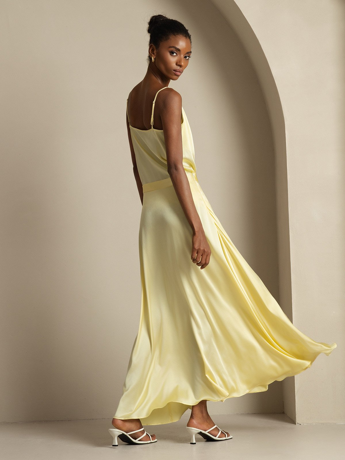 19Momme Silk Cowl Neck Spaghetti Strap Camisole Top & A Line Maxi Skirt