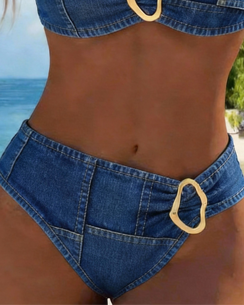 Metal Buckle Two Piece Garter Belt Bikini