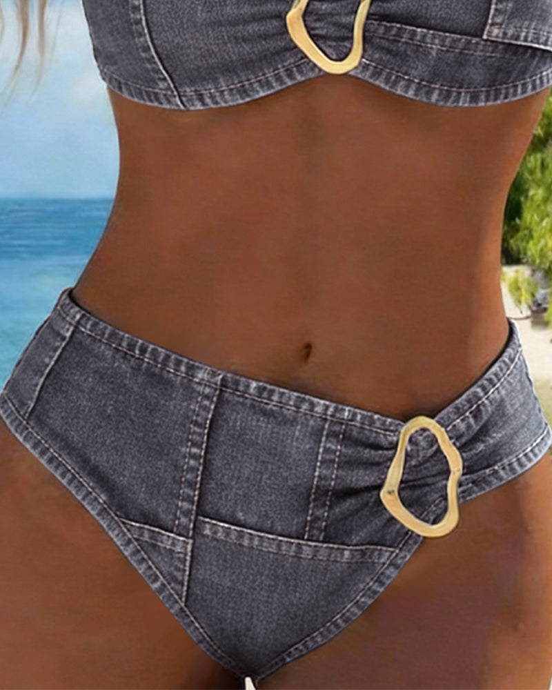 Metal Buckle Two Piece Garter Belt Bikini