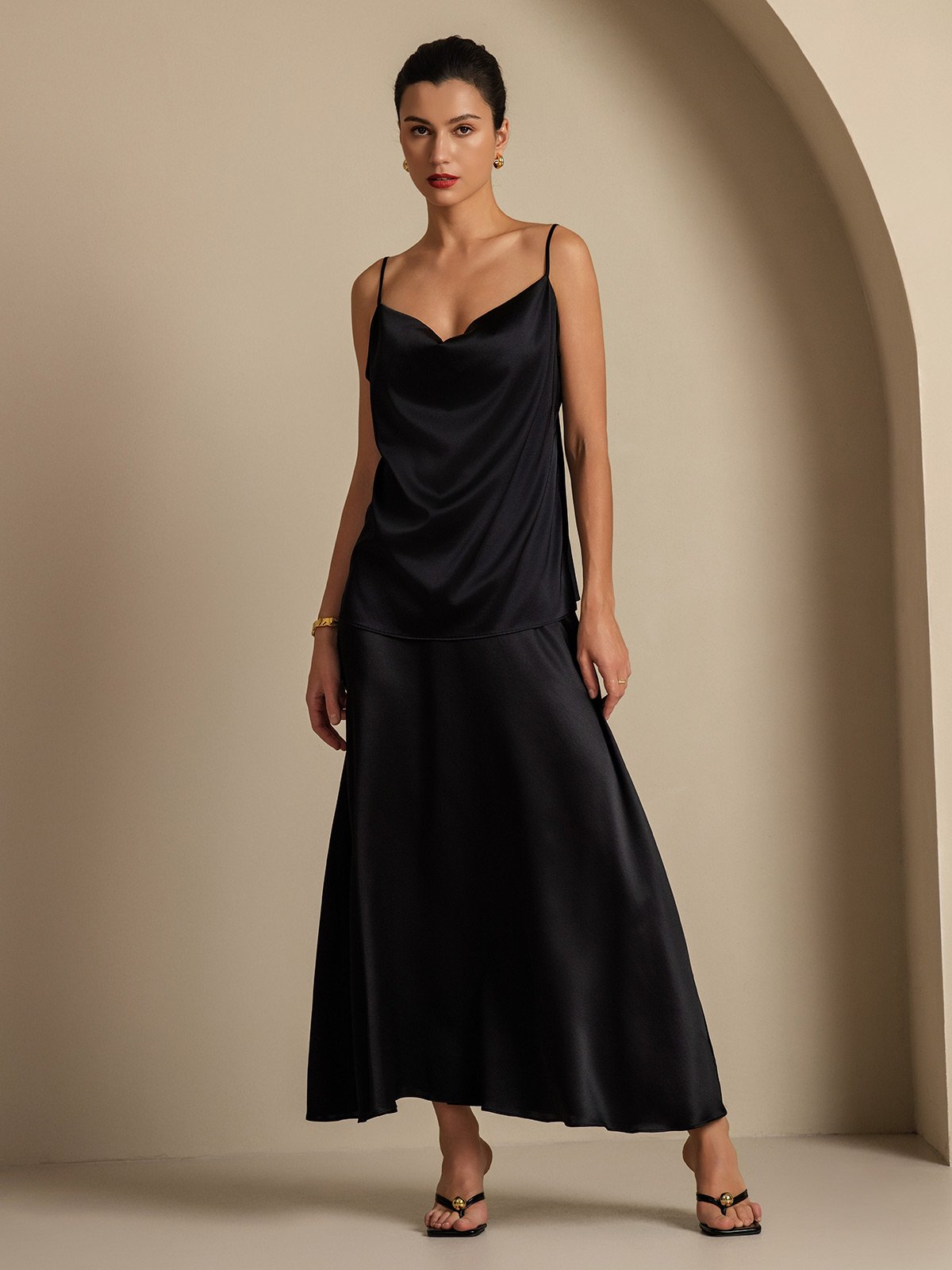 19Momme Silk Cowl Neck Spaghetti Strap Camisole Top & A Line Maxi Skirt