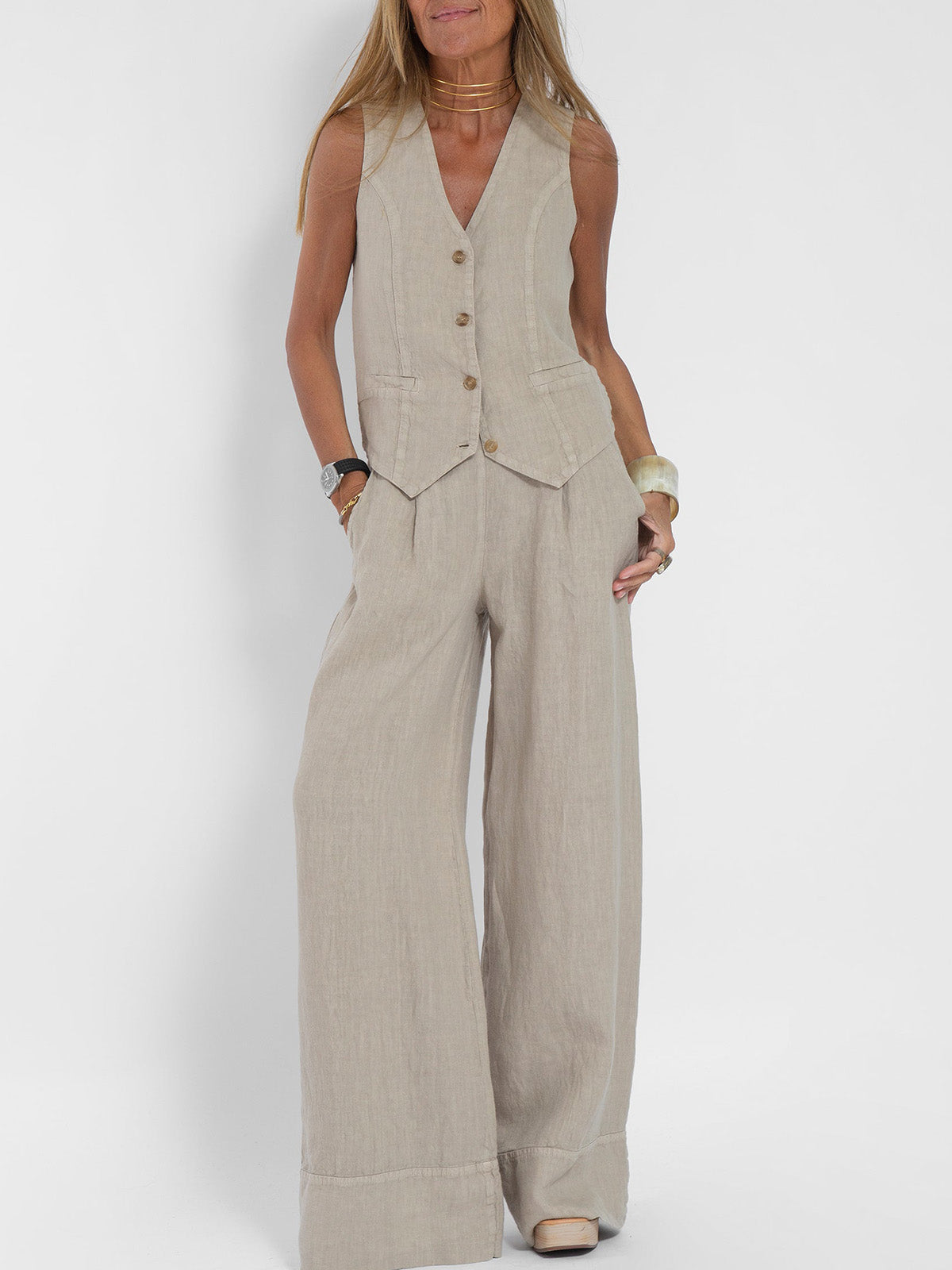 LENA | BUTTONED VEST & WIDE-LEG TROUSERS LOUNGE SET