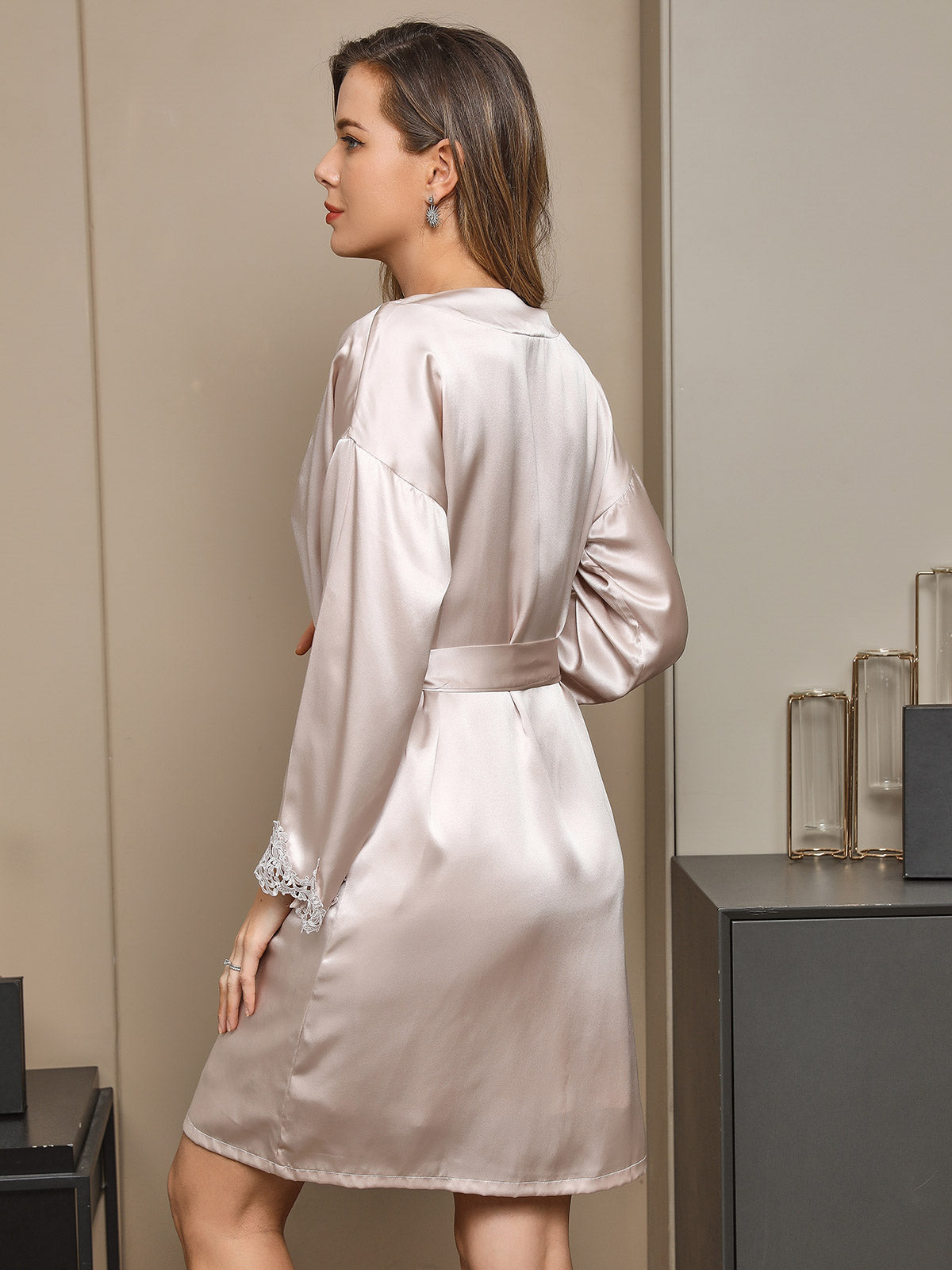 Pure Silk Lace Short Nightgown&Robe Set with Split Design