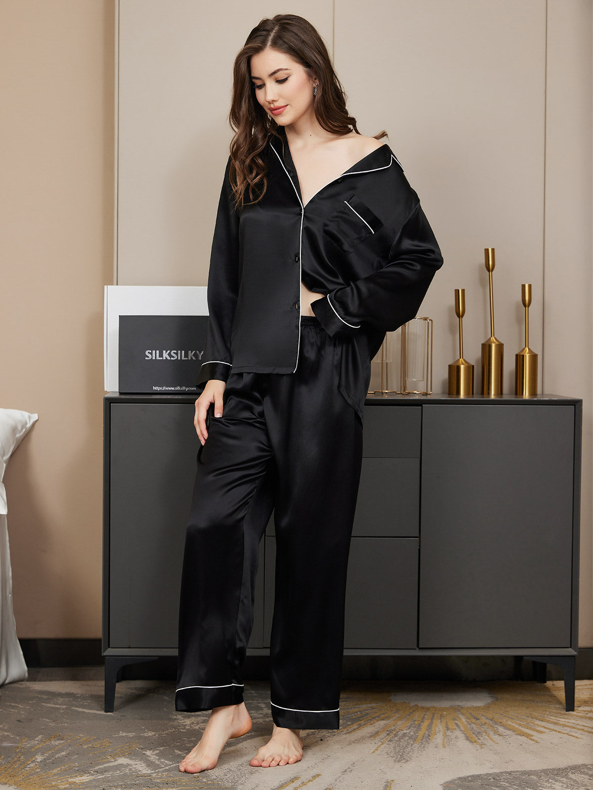 Pure Silk Long Sleeve Button Up Women's Pajamas Set