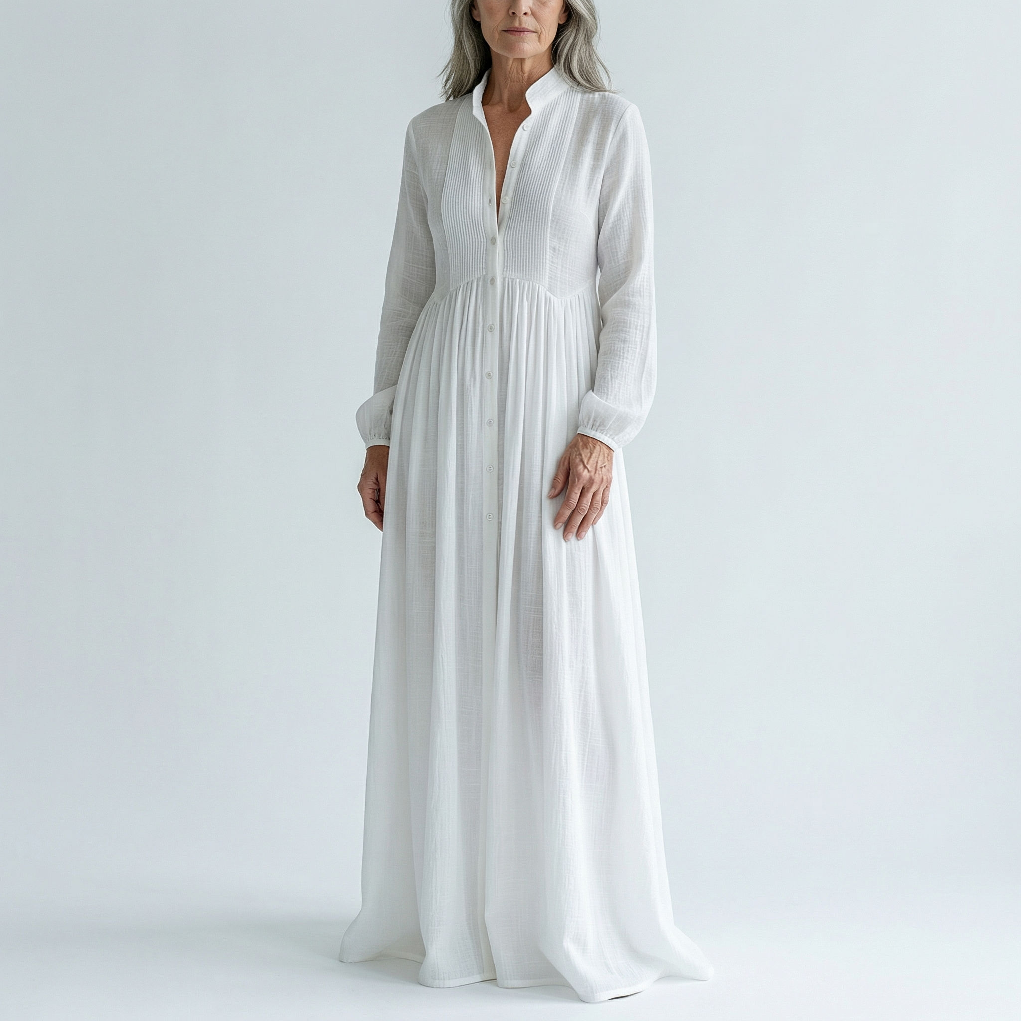 Veronica | Maxi Minimalist in Cotton and Linen with Patchwork, High Collar and Long Sleeves