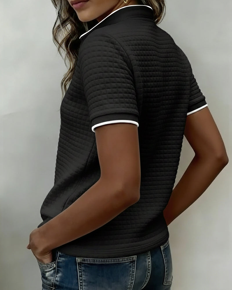 Buttoned Ribbed Jersey Top Short Sleeves