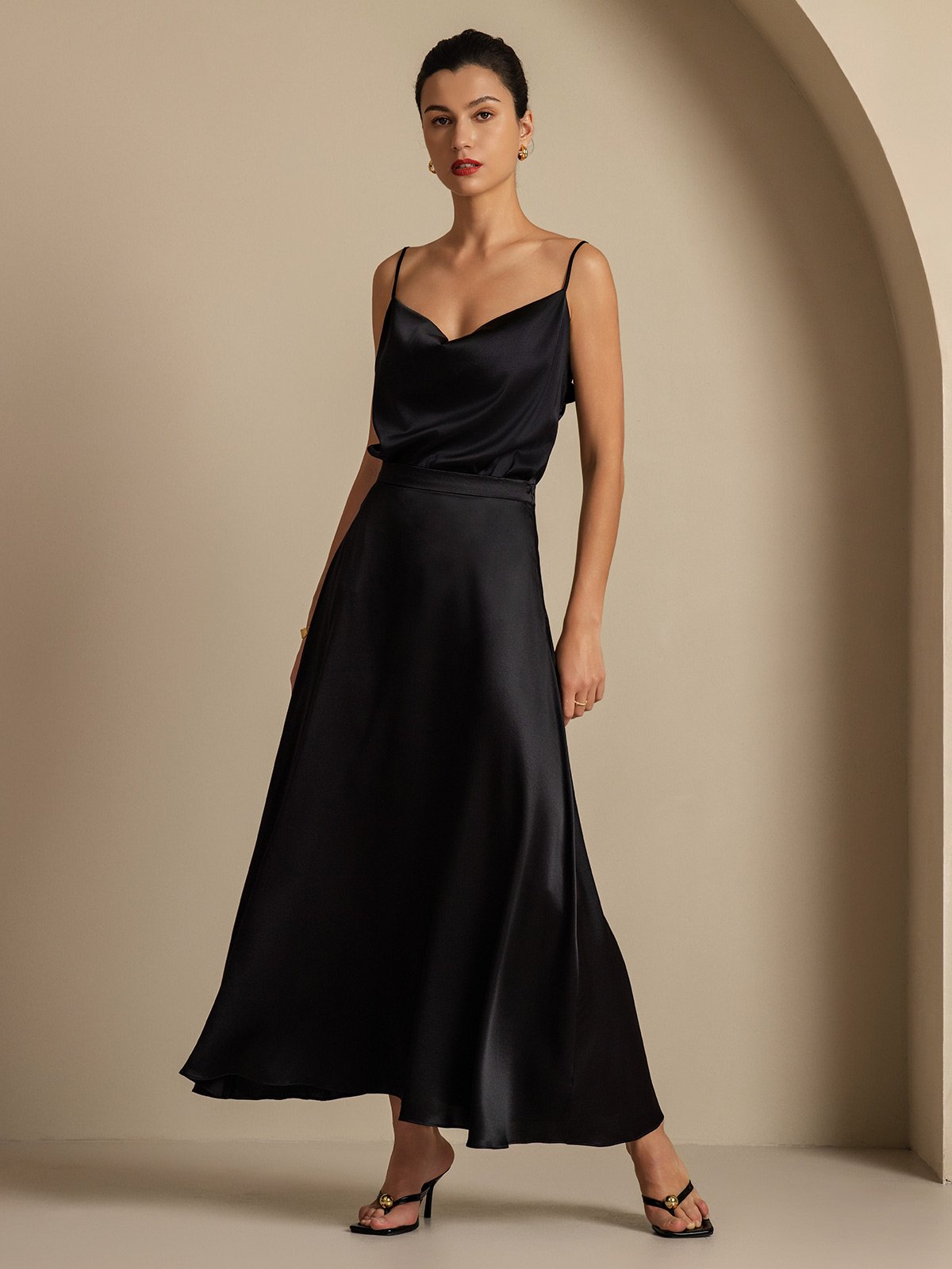 19Momme Silk Cowl Neck Spaghetti Strap Camisole Top & A Line Maxi Skirt