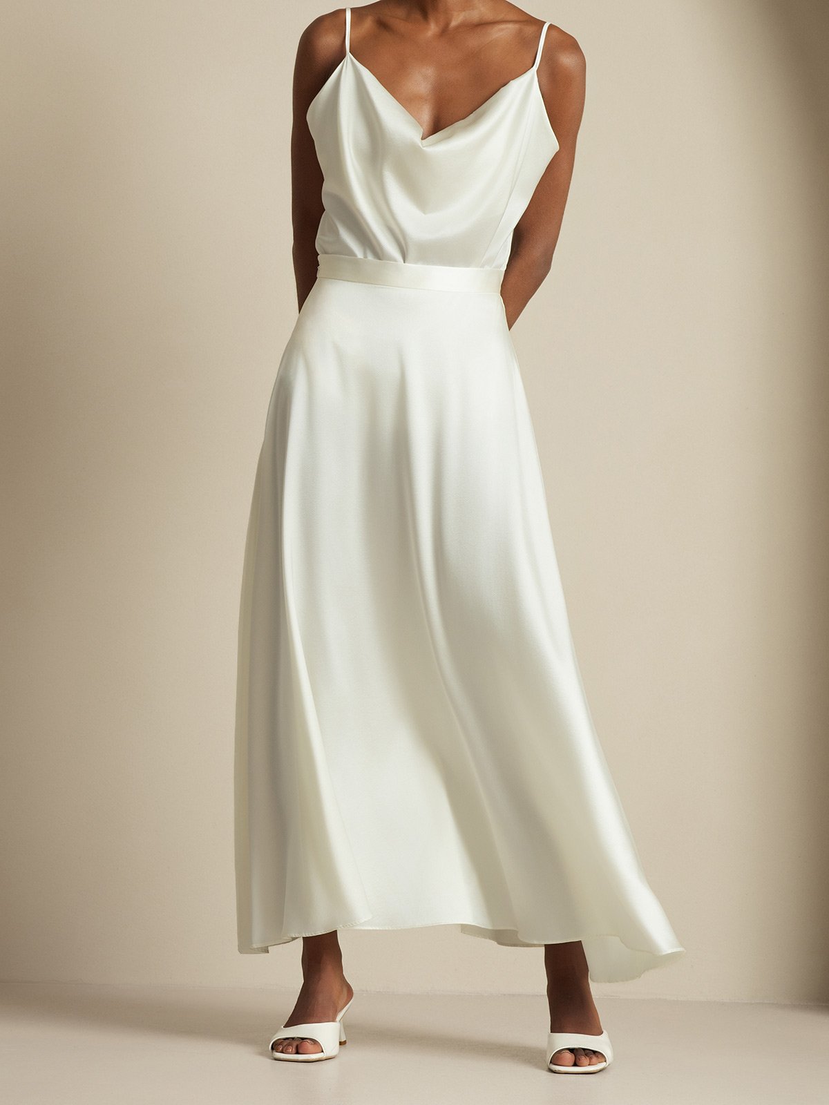19Momme Silk Cowl Neck Spaghetti Strap Camisole Top & A Line Maxi Skirt
