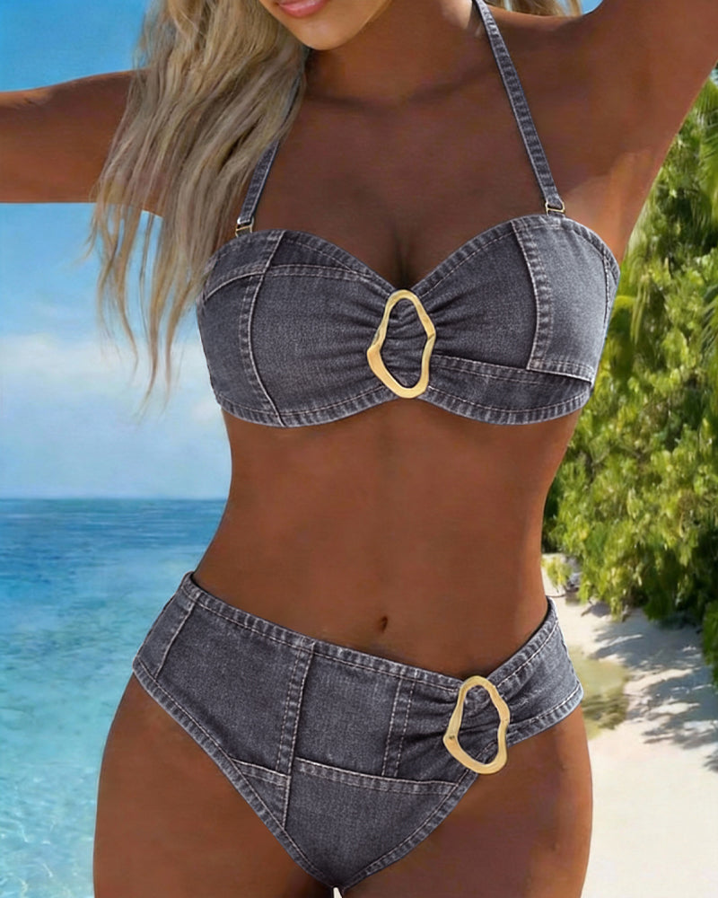 Metal Buckle Two Piece Garter Belt Bikini