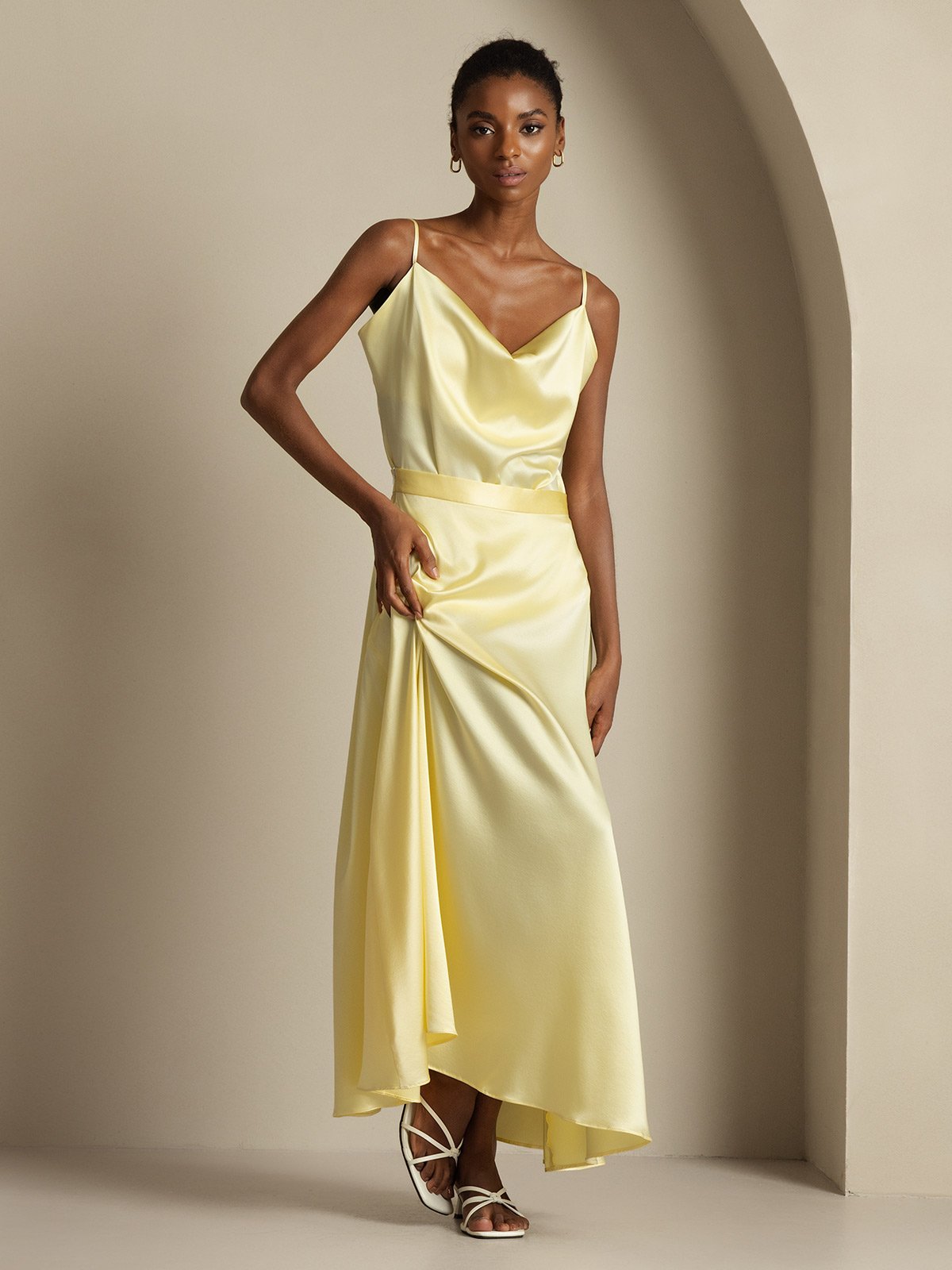 19Momme Silk Cowl Neck Spaghetti Strap Camisole Top & A Line Maxi Skirt