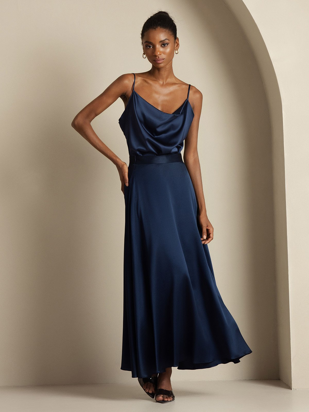 19Momme Silk Cowl Neck Spaghetti Strap Camisole Top & A Line Maxi Skirt