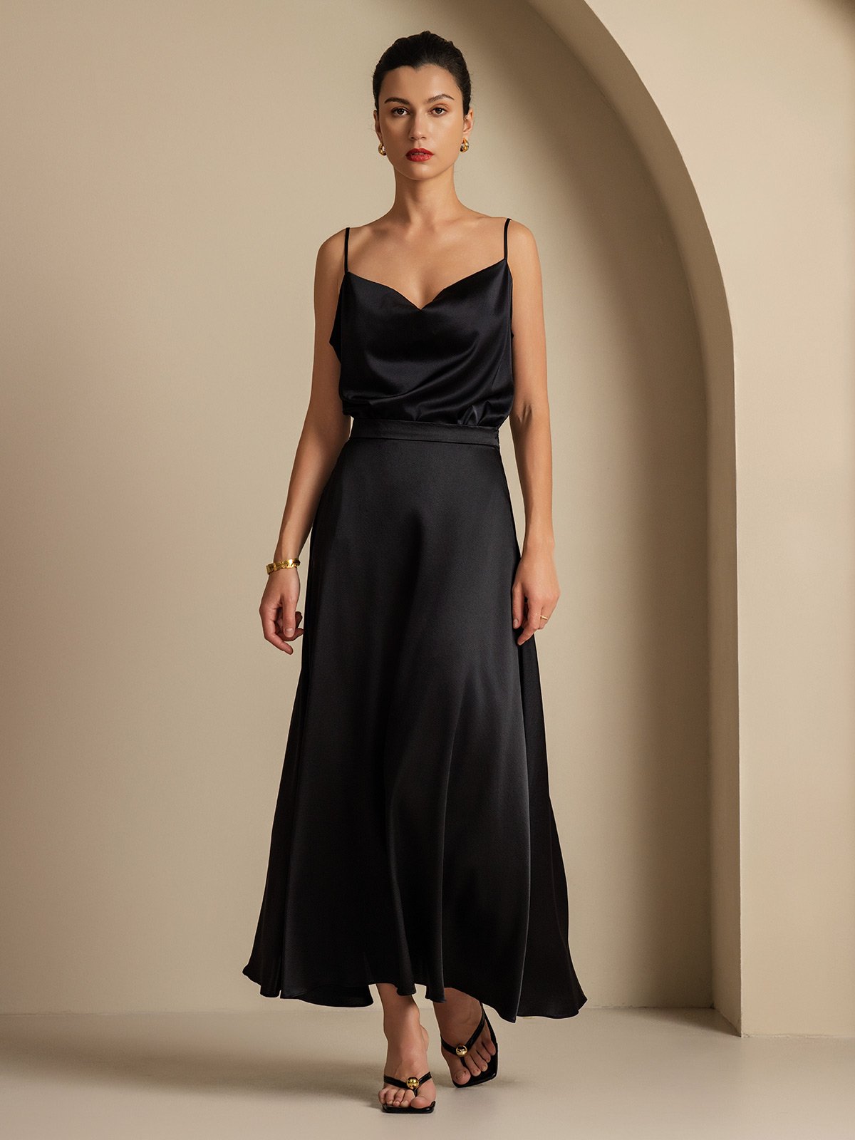 19Momme Silk Cowl Neck Spaghetti Strap Camisole Top & A Line Maxi Skirt