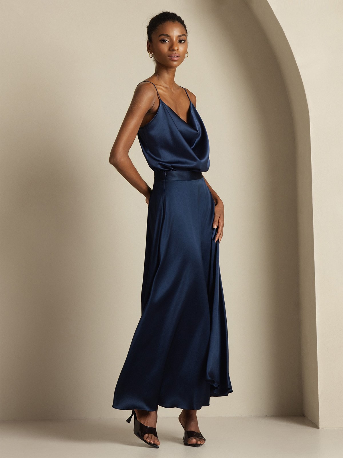 19Momme Silk Cowl Neck Spaghetti Strap Camisole Top & A Line Maxi Skirt