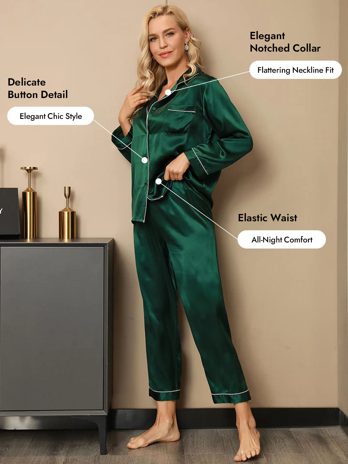 Women's Pure Silk Long Sleeve Notch Collar Pajamas Set