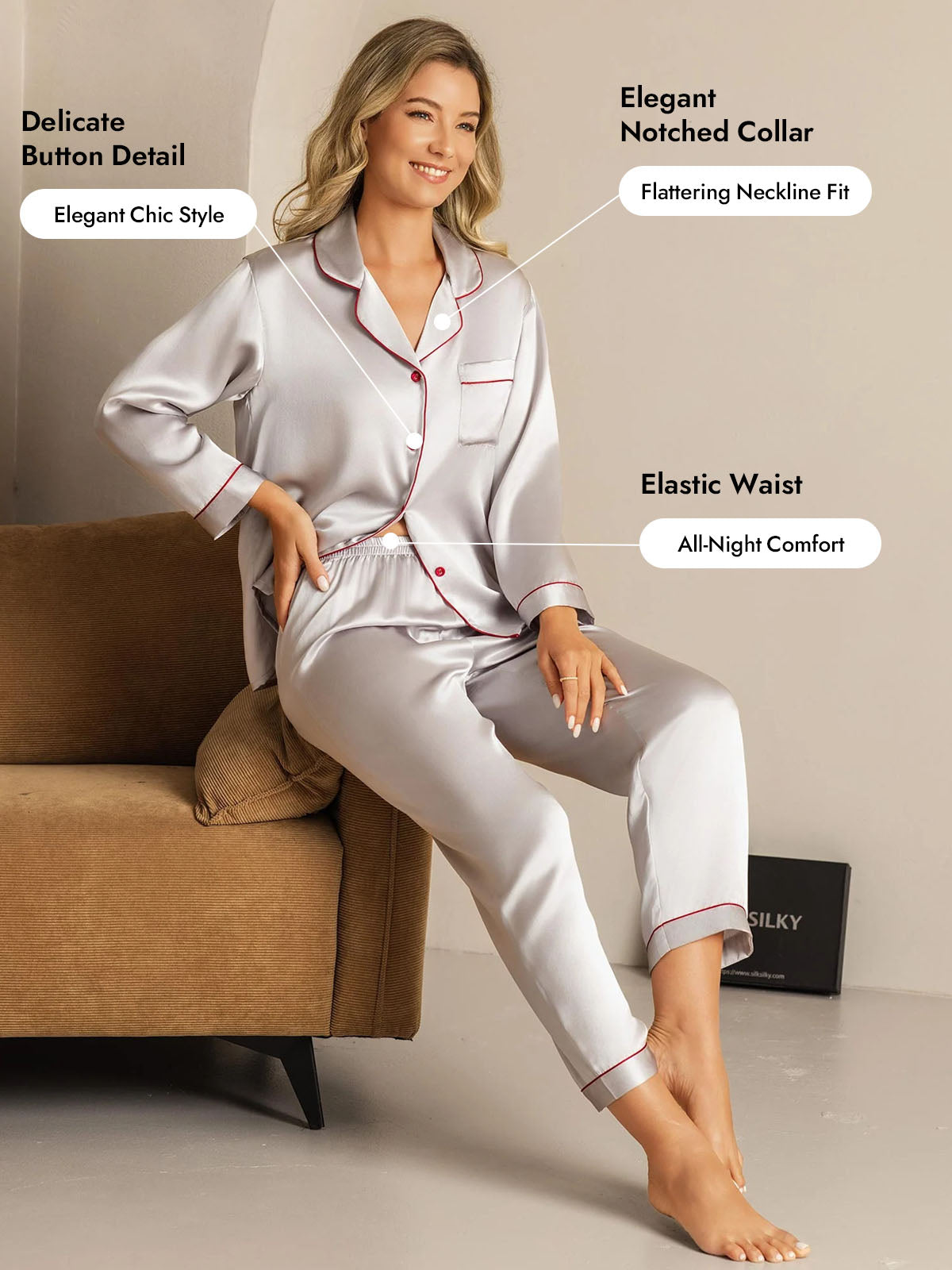 Women's Pure Silk Long Sleeve Notch Collar Pajamas Set