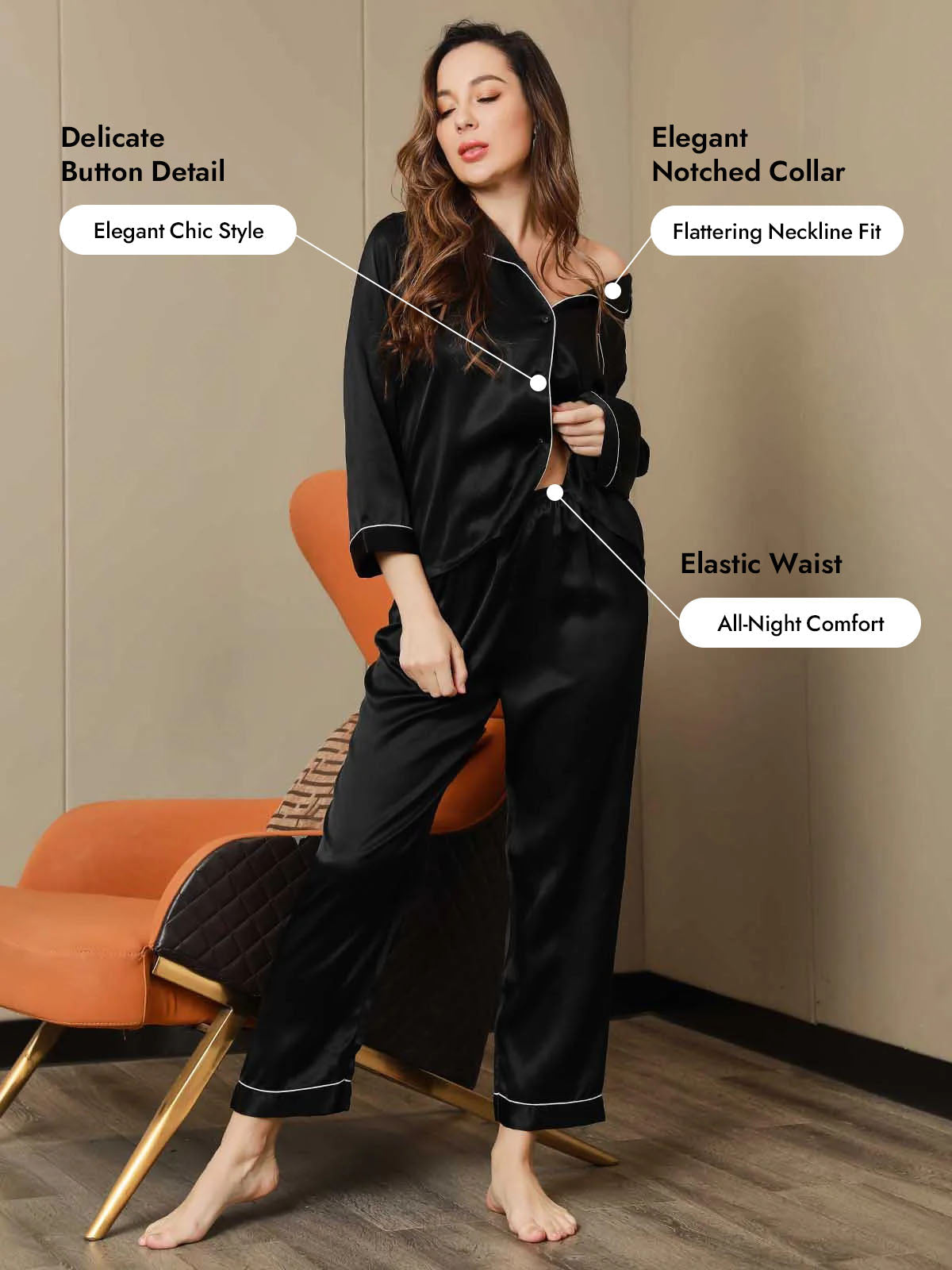 Women's Pure Silk Long Sleeve Notch Collar Pajamas Set