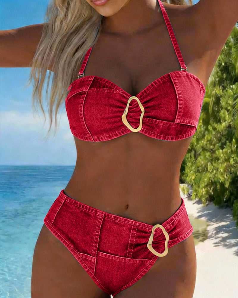 Metal Buckle Two Piece Garter Belt Bikini