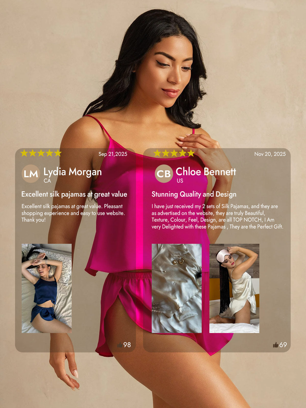 Pure Silk Spaghetti Strap Round Neck Above the Knee Camisole Set with Split Design
