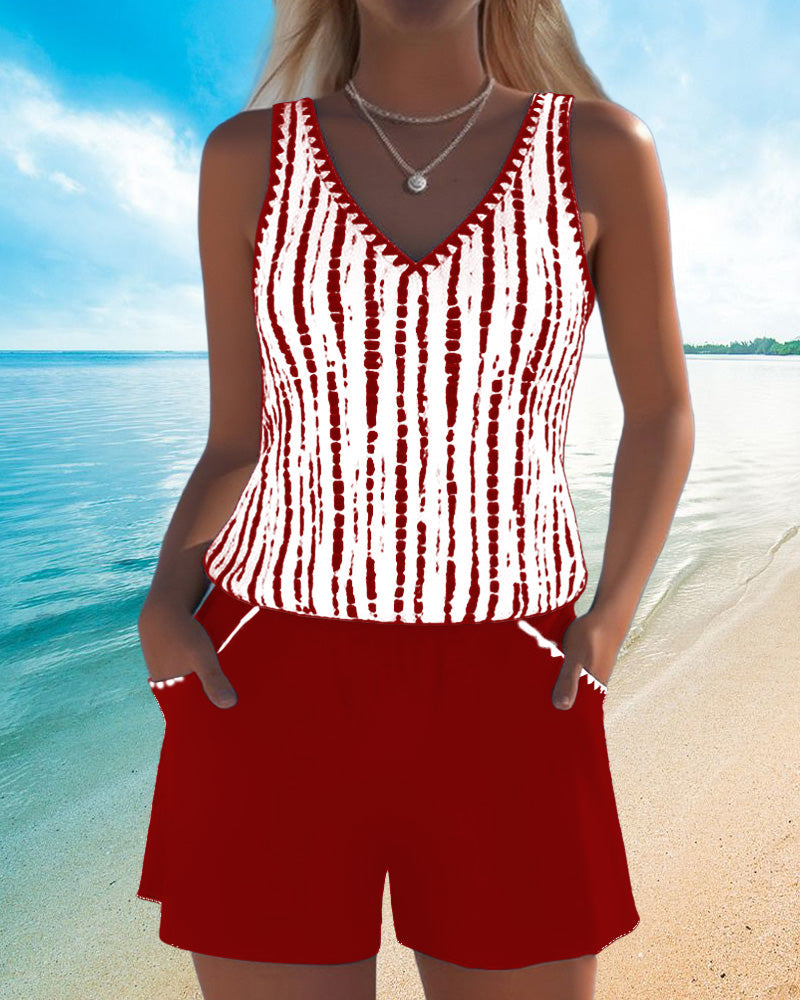Casual Two Piece Printed V-Neck Swimsuit with Pockets