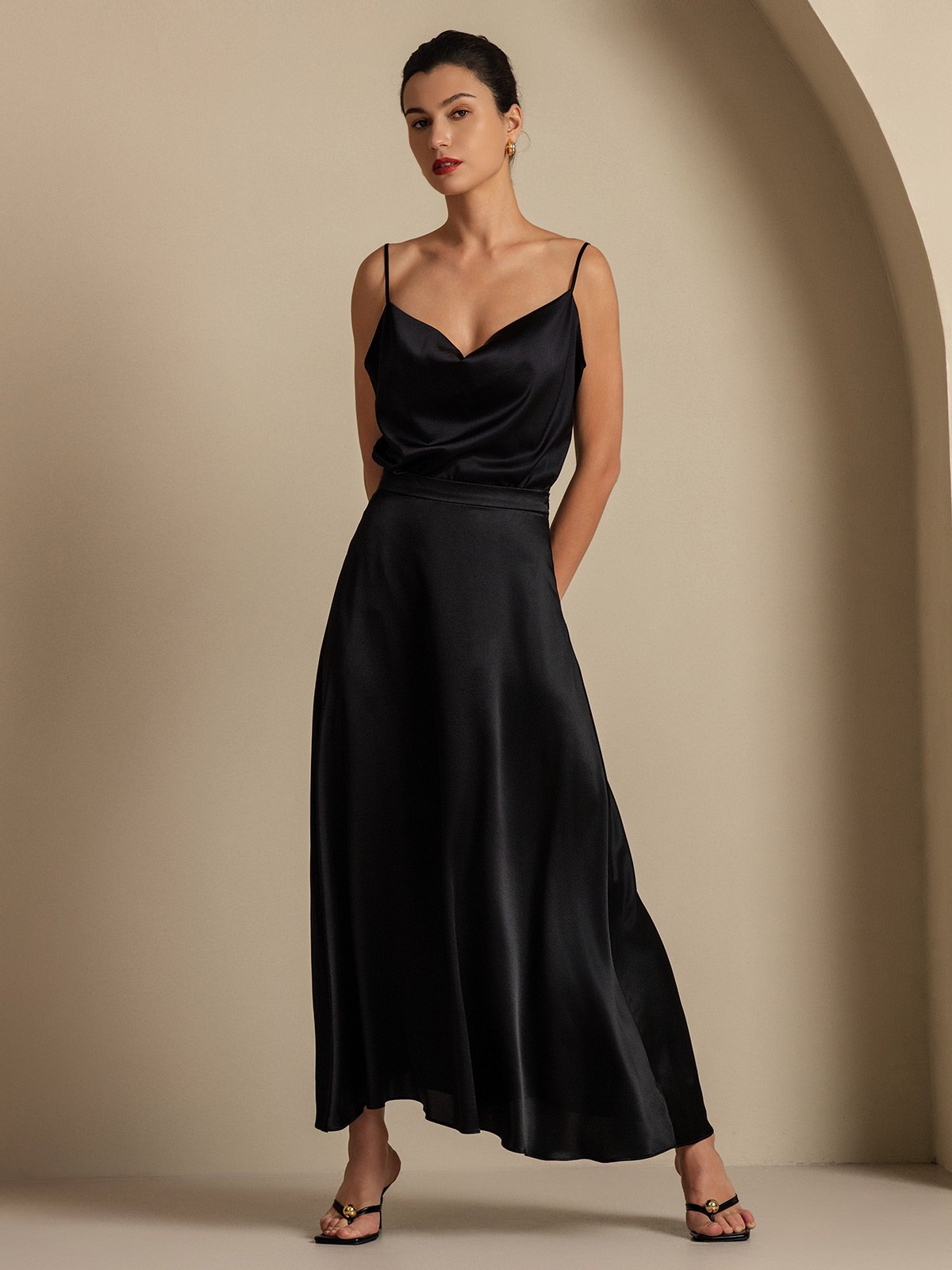 19Momme Silk Cowl Neck Spaghetti Strap Camisole Top & A Line Maxi Skirt