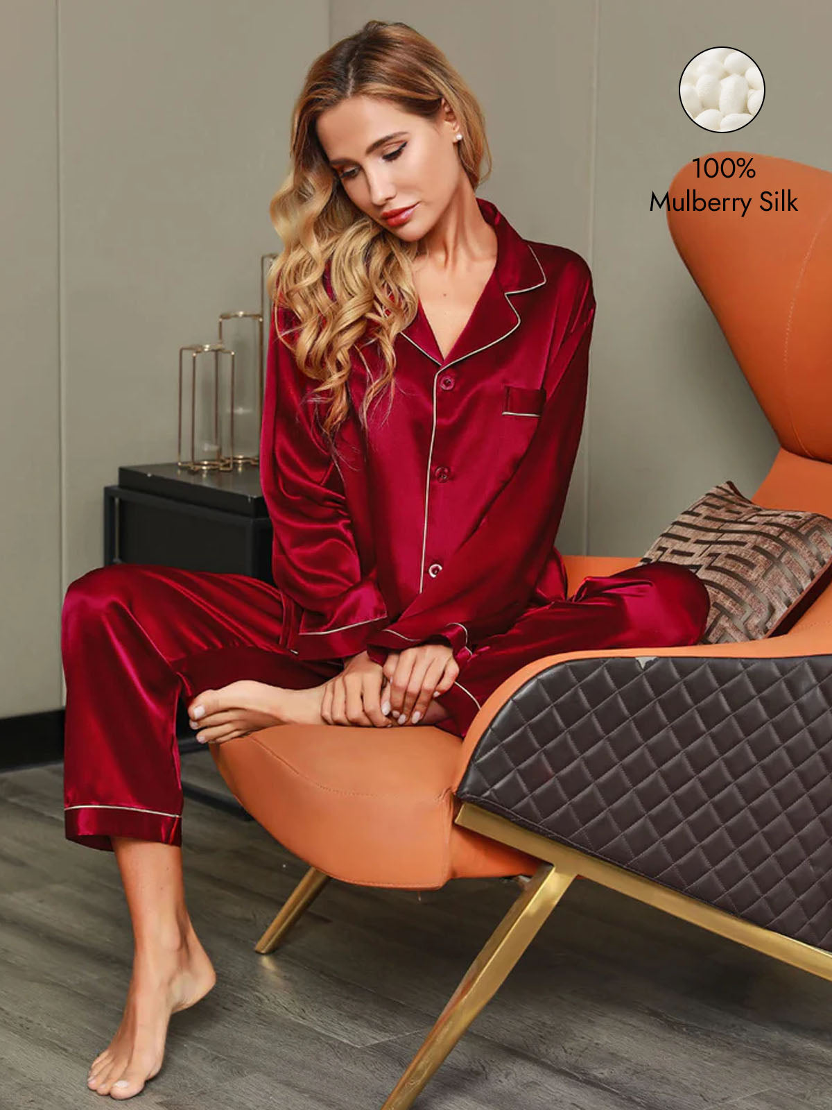Women's Pure Silk Long Sleeve Notch Collar Pajamas Set