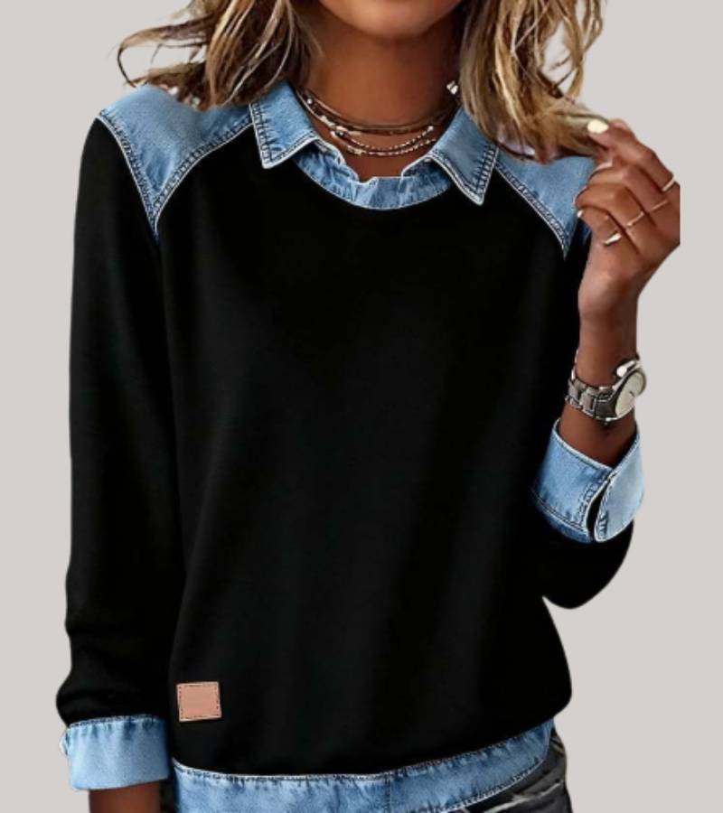 Silvia | Elegant Bimaterial Sweater with Denim Details