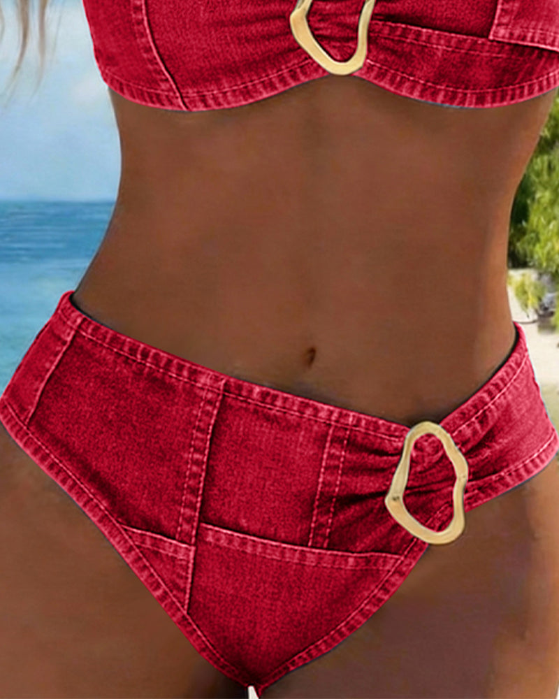 Metal Buckle Two Piece Garter Belt Bikini