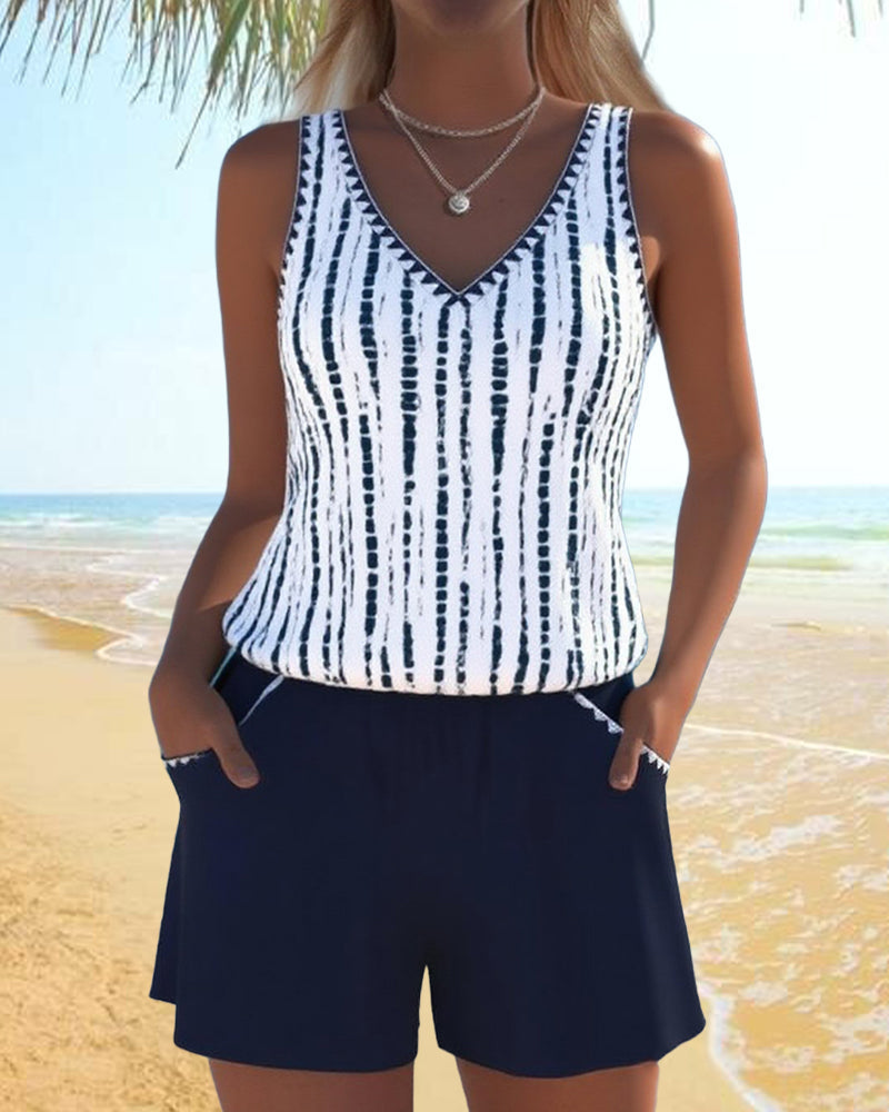 Casual Two Piece Printed V-Neck Swimsuit with Pockets