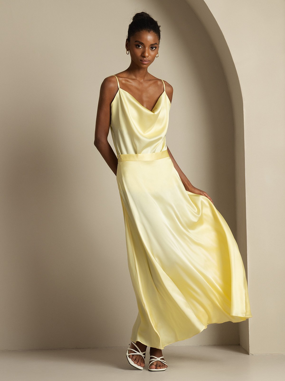 19Momme Silk Cowl Neck Spaghetti Strap Camisole Top & A Line Maxi Skirt