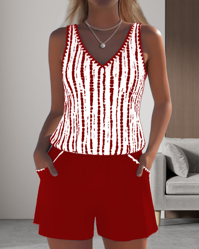 Casual Two Piece Printed V-Neck Swimsuit with Pockets